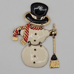 Don Lin Signed Vintage Brooch Painted Enamel Gold tone Metal Articulated Snowman